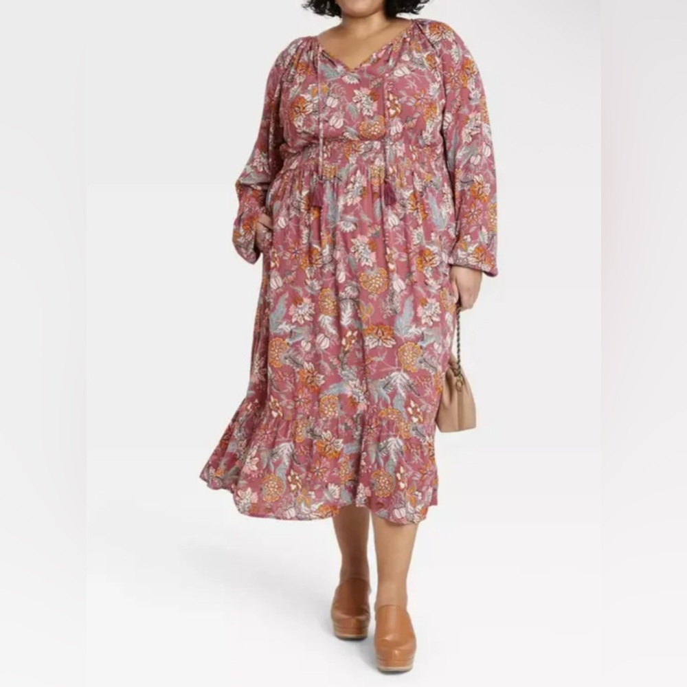 NWT Knox Rose Maxi Floral Keyhole Chest Tassel Peasant Long Sleeve Tiered  XXL